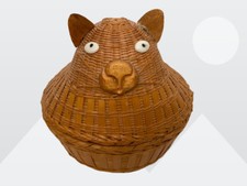 Vintage Natural Brown Woven Wicker Cat Theme Sewing Basket w/7" Removable Lid