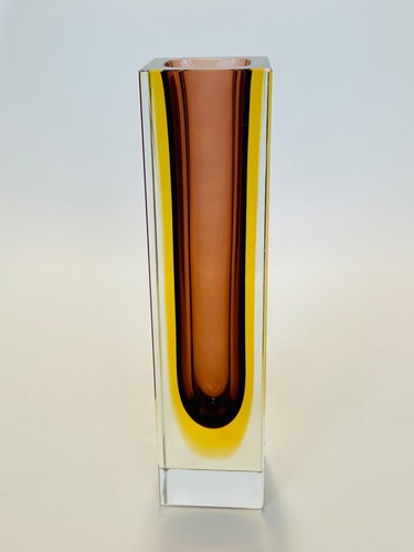 Vintage Oball Murano Sommerso Square Glass Vase Amber & Yellow 20cm - Picture 10 of 21