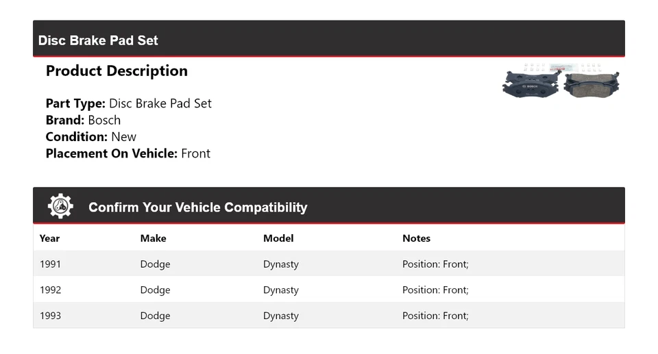 Pastillas de freno delanteras semimetálicas QuietCast Bosch 1991-1993 Dodge Dynasty 1992 Foto 2 de 4