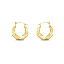 14K Gold Hammered Diamond Cut Patterned Geometric hexagonal  Hoop Earrings