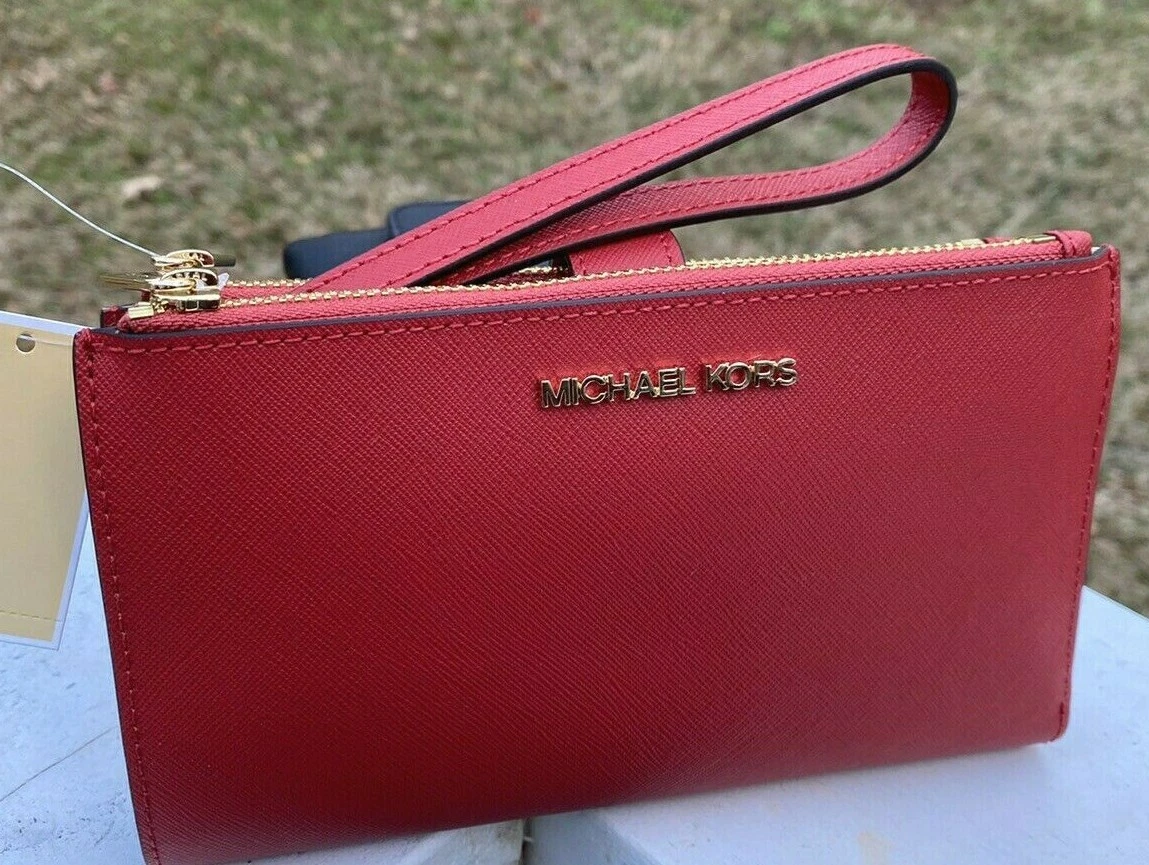 Michael Kors Saffiano Leather Double Zip Phone Case Wallet Wristlet Red