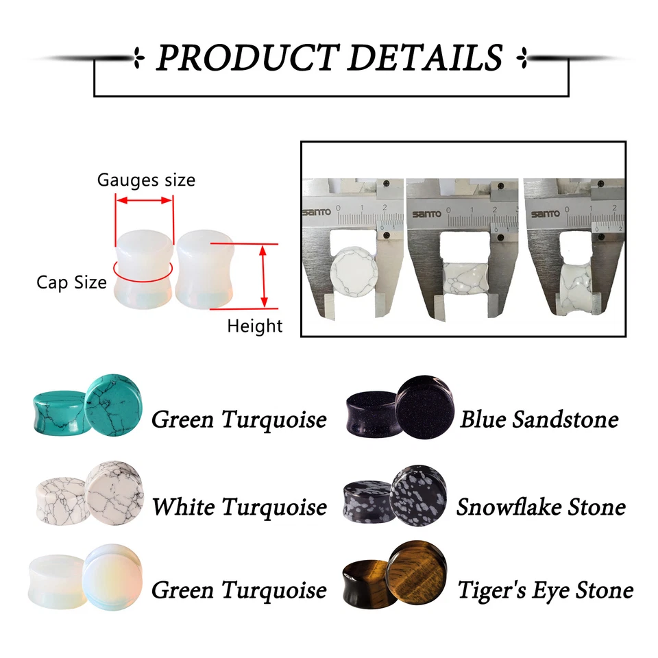 Juego de joyas estiradas túneles tapones para los oídos de piedra orgánica medidores para los oídos de 12 piezas 2G-5/8" Foto 3 de 4