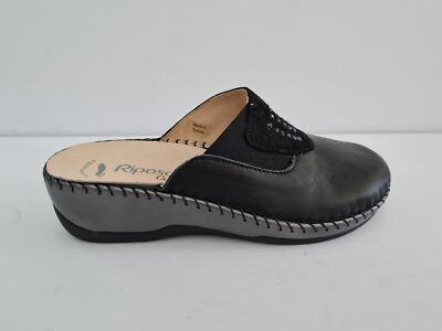 Riposella Damen-Slipper aus Leder mit Keilabsatz und Gummizug, handgenäht - SCHWARZ (Schwarz