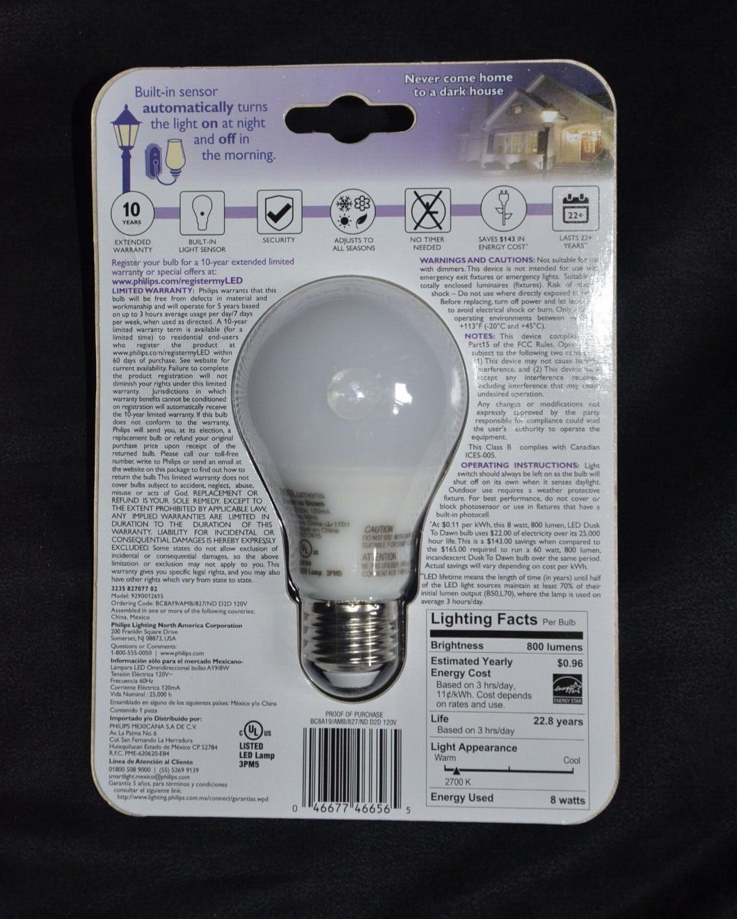 4 pack Philips NEW 60w Soft White A19 Sensor DUSK to DAWN 8w LED Light Bulb