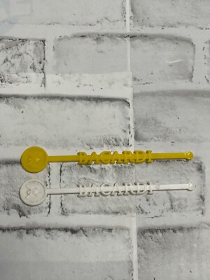 Bacardi Swizzle Stick Drink Stirrers Bat & Bottle Logo Yellow & White Lot of 2
