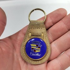 Vintage Cadillac Crest Logo Leather Keychain Key Ring Blue Gold Auto Accessory