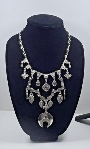 Bold Silver Tone Ornate Chanedlier Bib Filgree Necklace Cresent Moon Drop Chunky