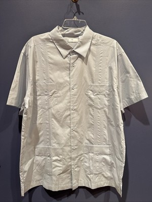 Cafe Luna  Guayabera Shirt Men Large Blue 4 Pocket Polyester Cotton Blend