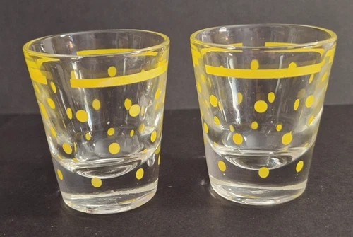 Set of 2 Vintage 1960s Federal Glass Atomic Yellow Polka Dot Shot Glasses