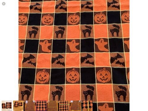 Halloween Tablecloth & 8 Placemats Rectangular Woven Orange Black Cats Pumpkins - Picture 4 of 8