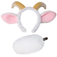 Goat Ears Headband with Ram Horns and Tail, Furry Goat Costume Accessory. Wh...