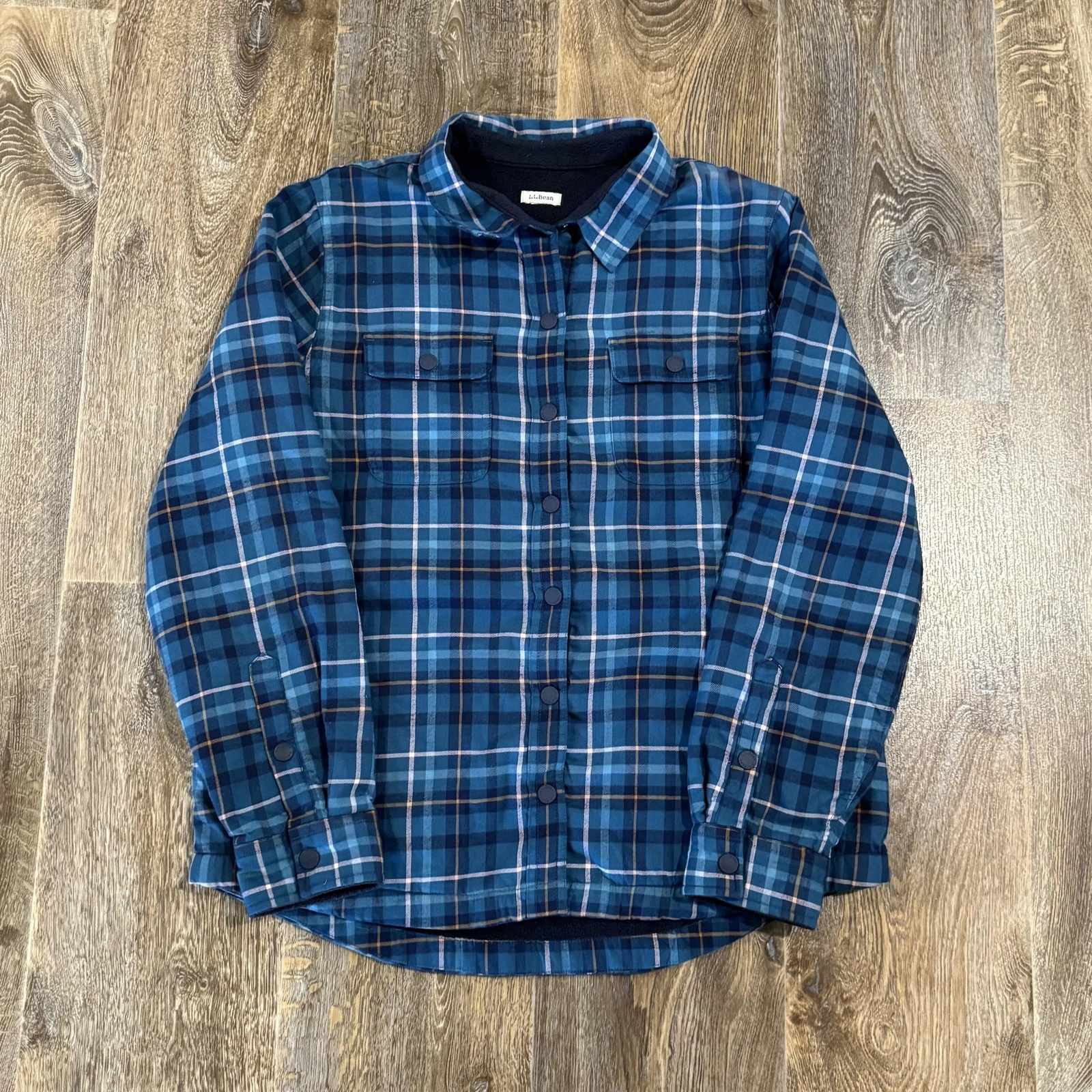 LL Bean Fleece Lined Flannel Shirt Womens Large Blue Plaid Long Sleeve Shacket