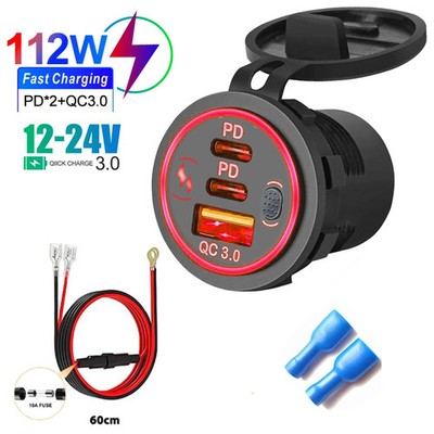 Car Charger Socket PD3.0 QC3.0 Dual USB-C 78W Fast Charging 12V/24V Switch