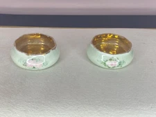 2 WILLETS BELLEEK PORCELAIN CHINA OPEN SALT CELLAR HAND PAINTED Pink Roses