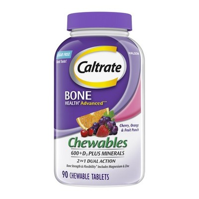 Caltrate Chewables 600 +D3 90 Count (Pack of 1), Cherry, Orange, Fruit Punch