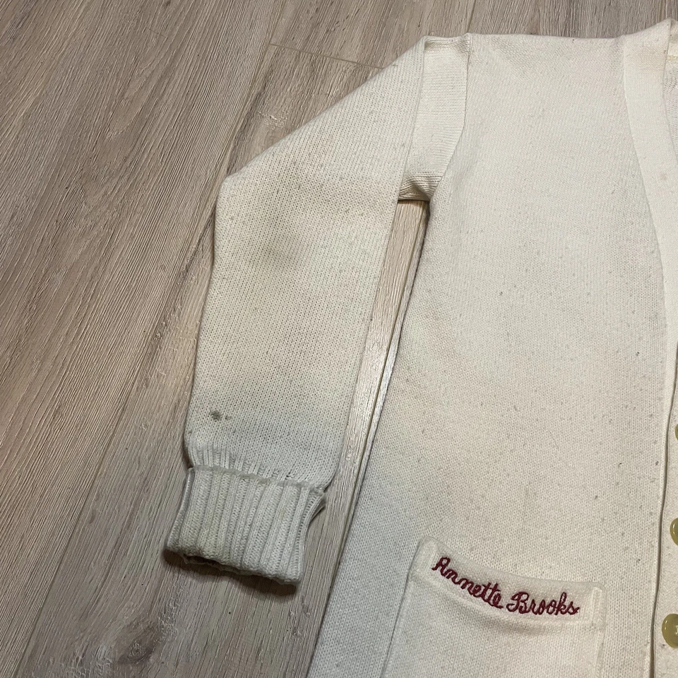 Cárdigan Crema Letterman Tejido Suéter Atlético Talla 40 Puntada Cadena De Colección Años 50 60 Foto 4 de 4