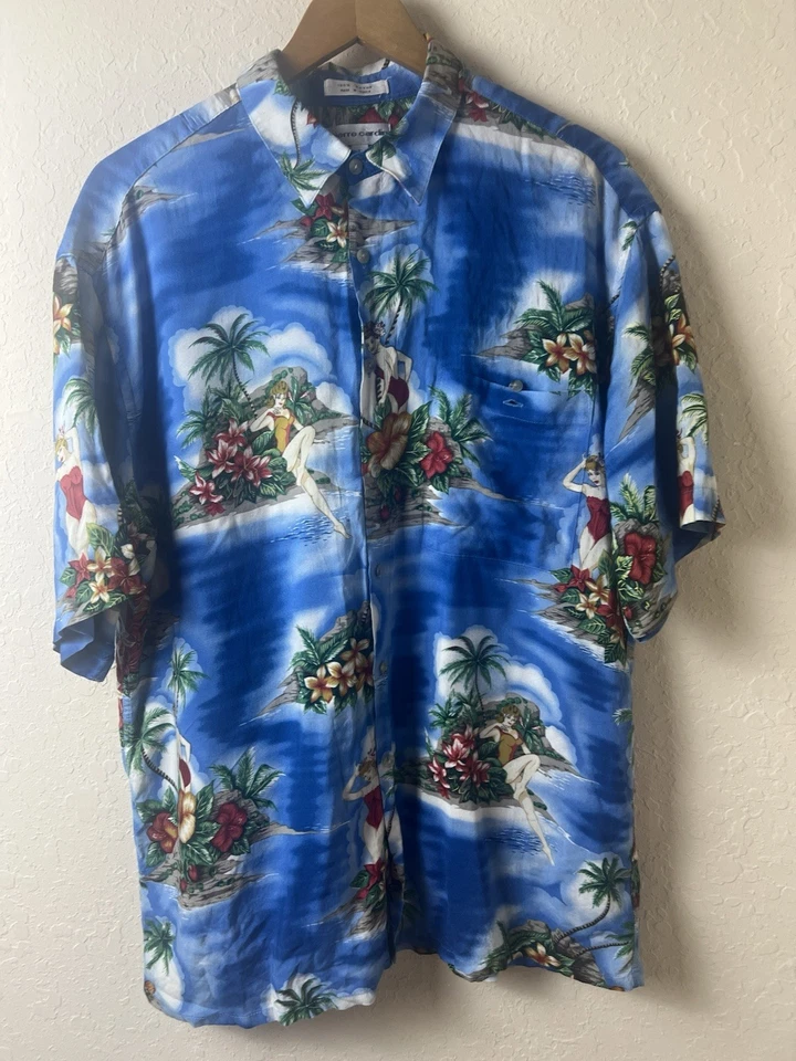Y2K PIERRE CARDIN Shirt Mens Large L Hula PinUp Girl Beach Aloha Hawaiian Camp - Image 3 of 4