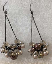 Faux Pearl Cluster Dangle Earrings Faceted Beads Brown Champagne Colors