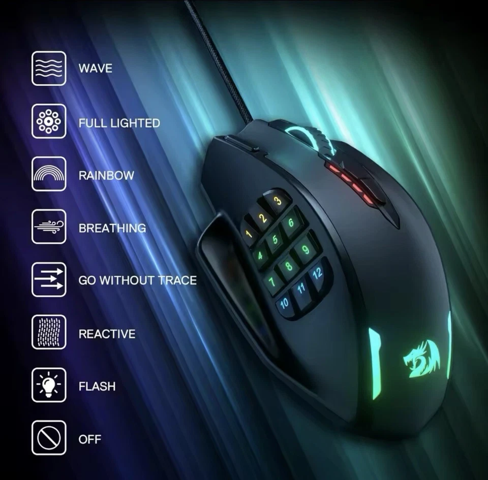 Redragon M908 Wired LED Laser Gaming Mouse with 18 Button for PC MMO - Image 2 of 4
