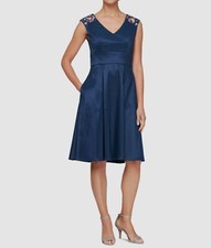 Alex Evenings Women's Blue Ponte Floral Sequins Shoulder V-Neck Dress Size 12