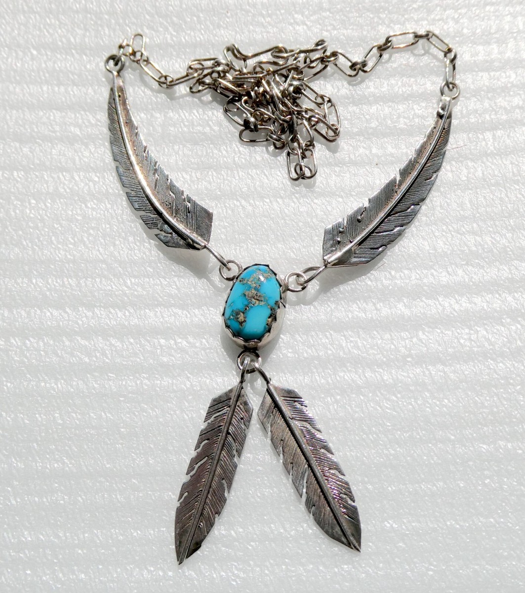 NAVAJO Feather×Turquoise　ネックレス Navajo Sterling Silver And Turquoise Feather Necklace Signed