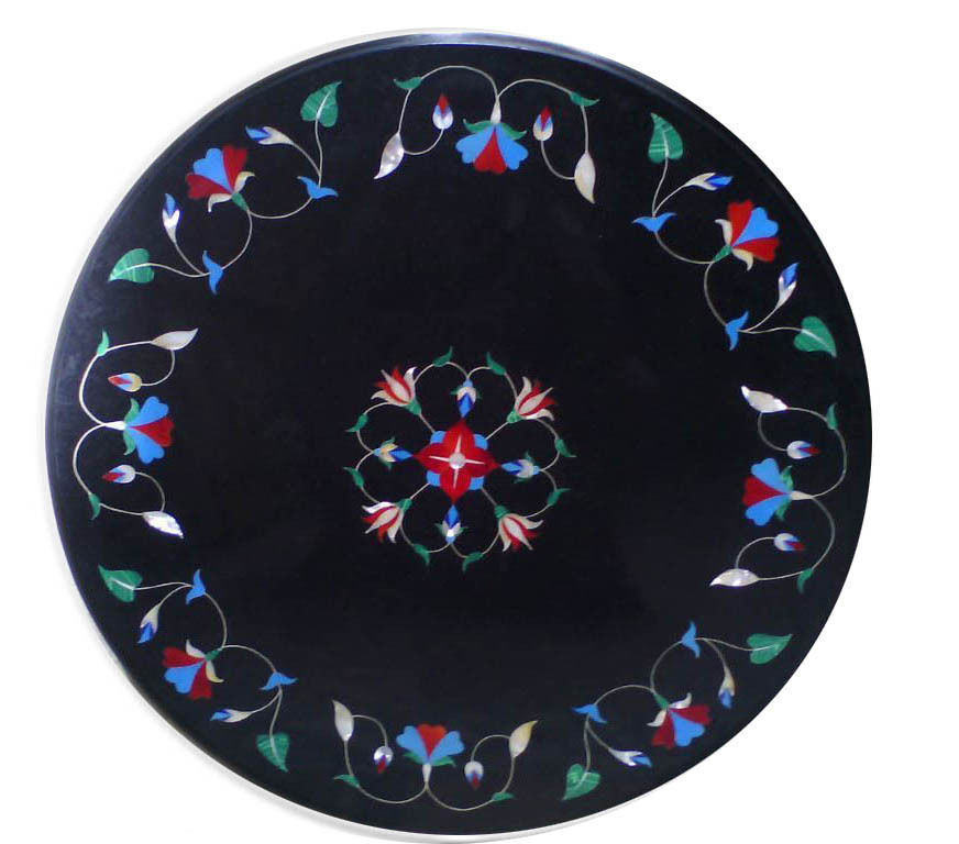 12 Inch Round Black Marble Pietra Dura Inlay Art Table Top Home Decor