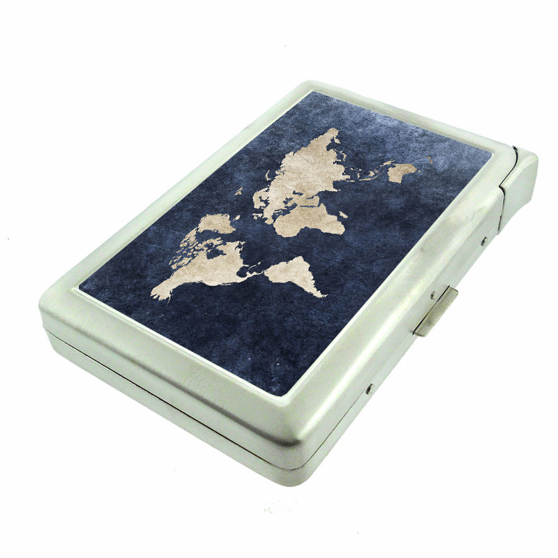 Global Map Em1 Cigarette Case with Built in Lighter Metal Wallet