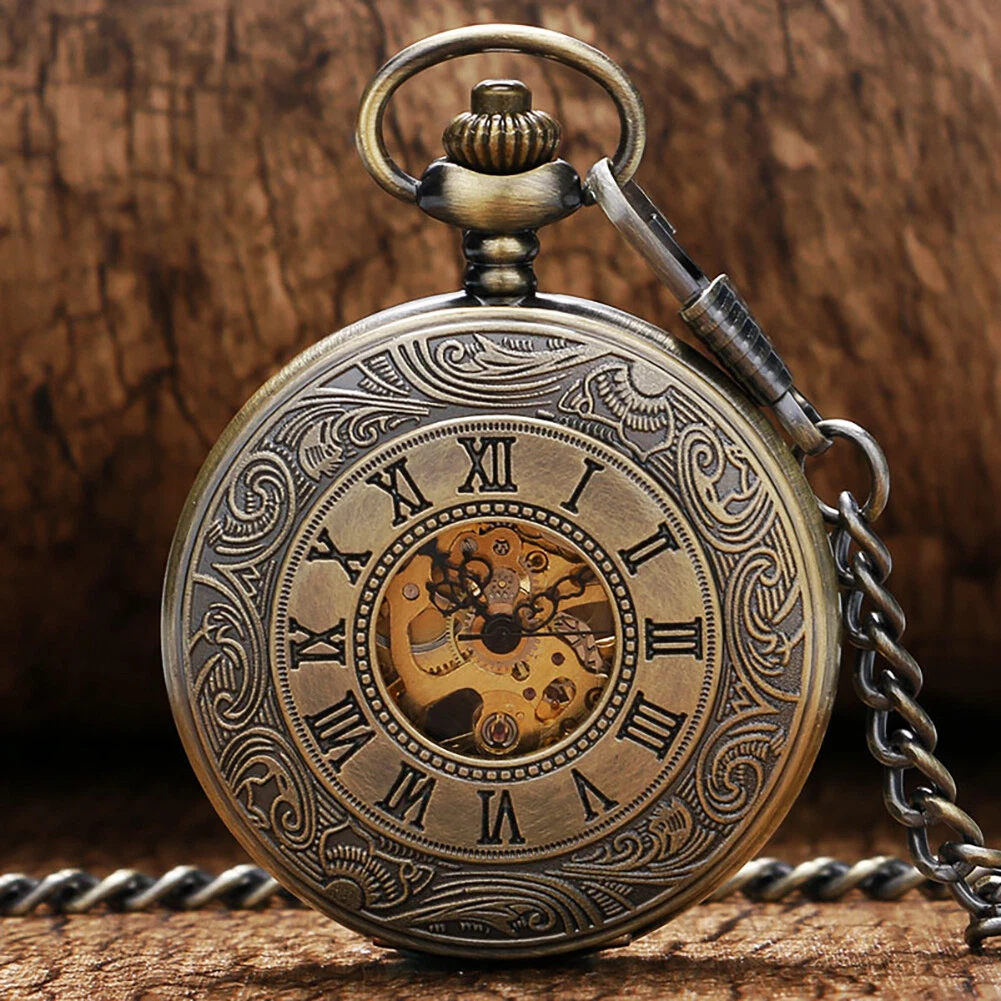 Retro Carving Roman Number Unisex Mechanical Hand Wind Pocket Watch Pendant Gift