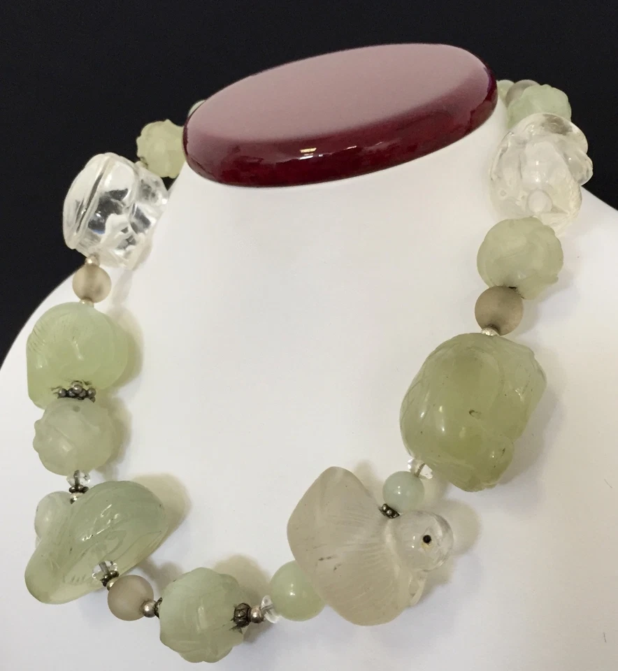 Vintage AMY KAHN RUSSELL Bowenite & Rock Crystal Necklace Sterling Monkey Ducks - Image 3 of 4