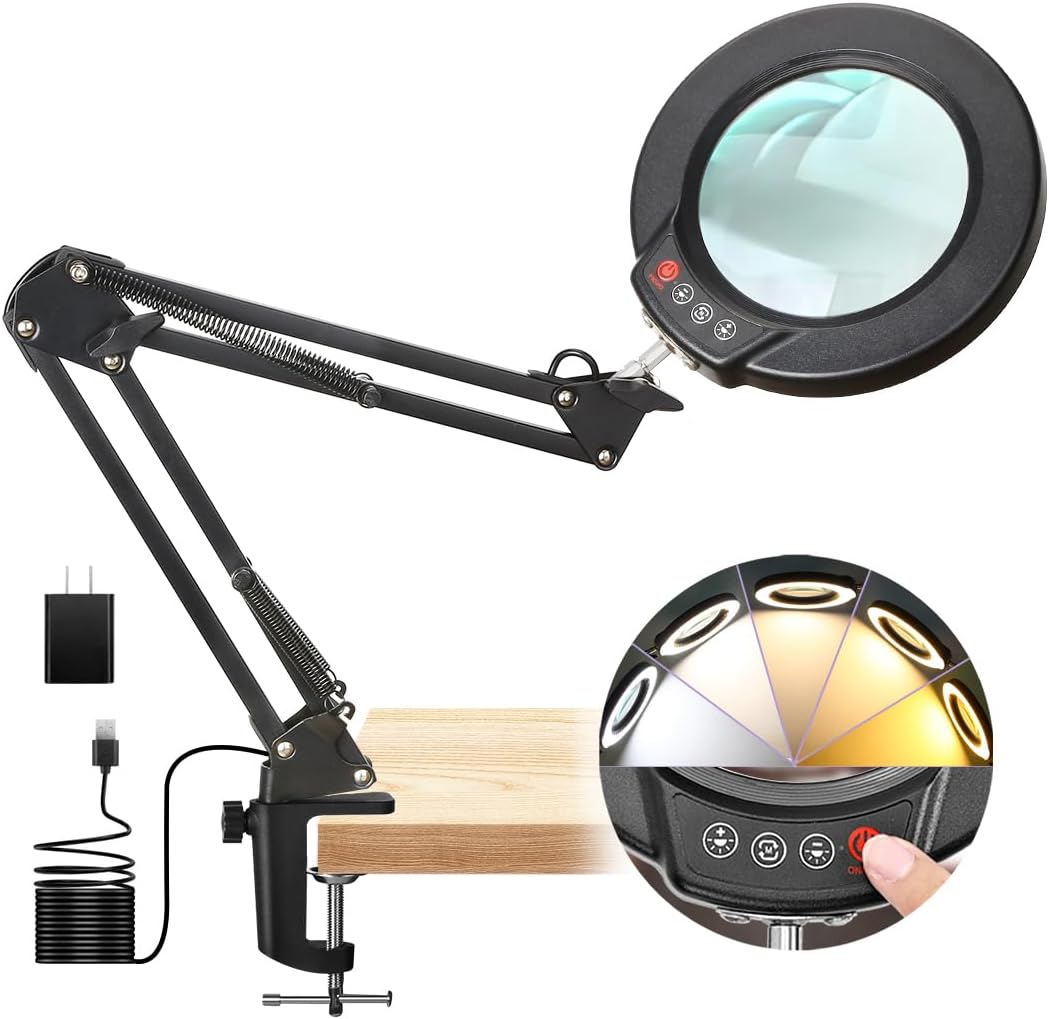 10X Magnifying Glass with LED Light & Clamp, Real Glass Lens for Hands-Free Use