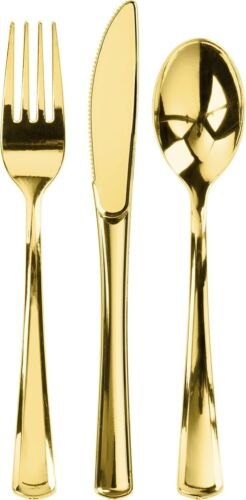 300ct Gold Plastic Silverware Set - Heavy Duty Cutlery - Forks, Spoons, & Knives
