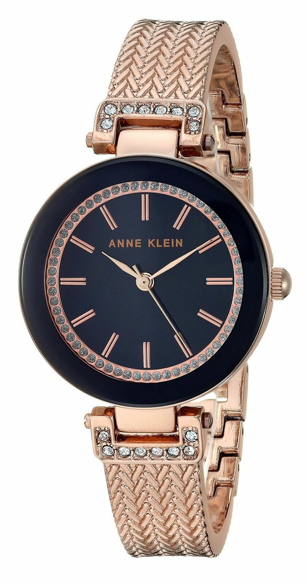 Rose Gold Anne Klein Women's Black Watch With Swarovski