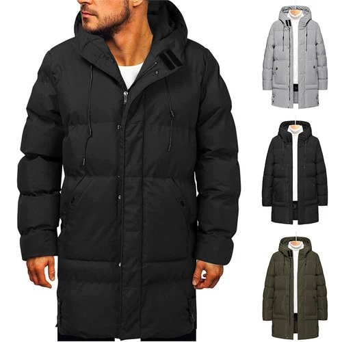 Herren langer gefütterter Mantel Kapuze dicke Luftpolsterjacke gesteppt wattiert - Bild 18 von 39