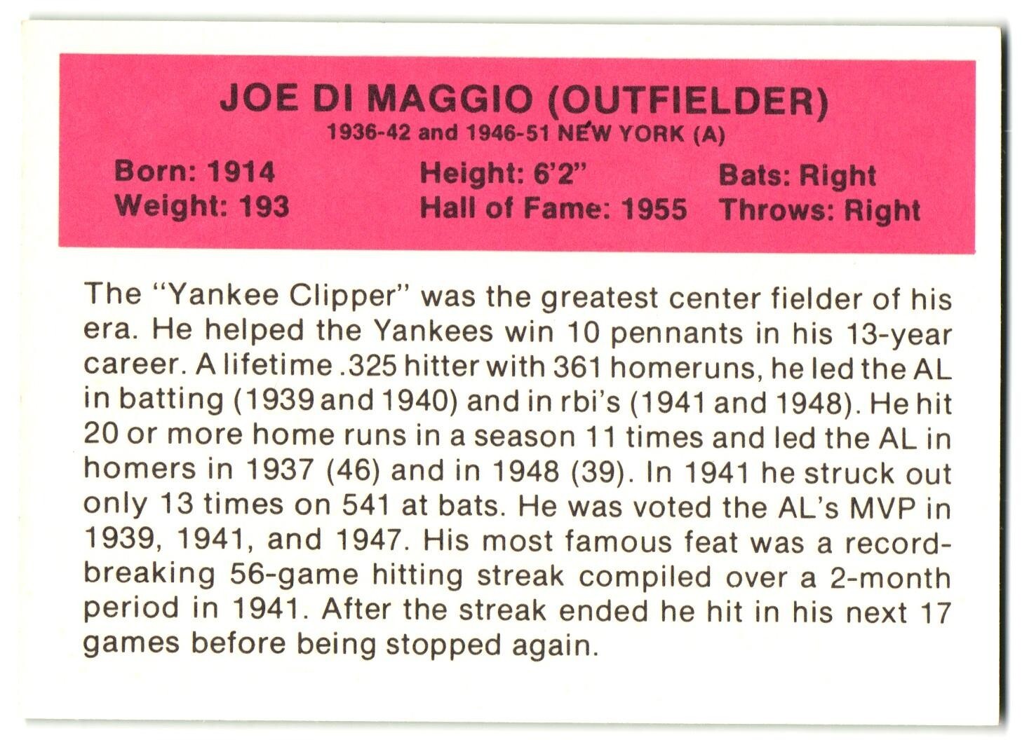 Joe DiMaggio Baseball AllTime Greats ML Baseball Trading Card eBay