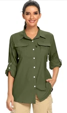 TACVASEN Long Sleeve Shirt UPF Breathable Water Resistant Women Sz XL Army Green
