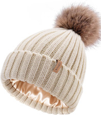 Womens Winter Beanie Hat Satin Lined Faux Fur Pom Pom Beanies Hat for Women Wint