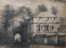 Antique drawing, City Gate, Architecture, Black Chalk, 19th century