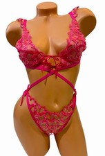 Victoria  s Secret Teddy One Piece Lingerie Pink Sheer Hearts  Bows Size L