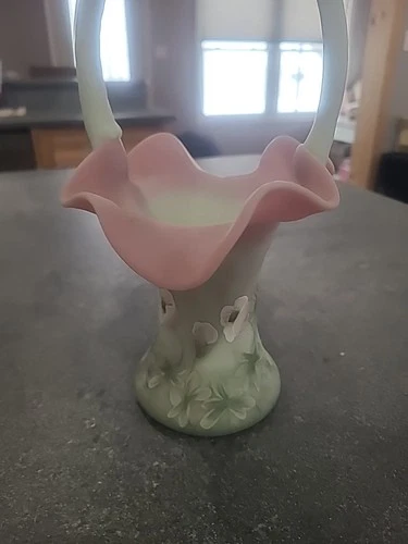 Fenton Lotus Mist Burmese Dancing Wildflowers Hand Painted Signed Basket