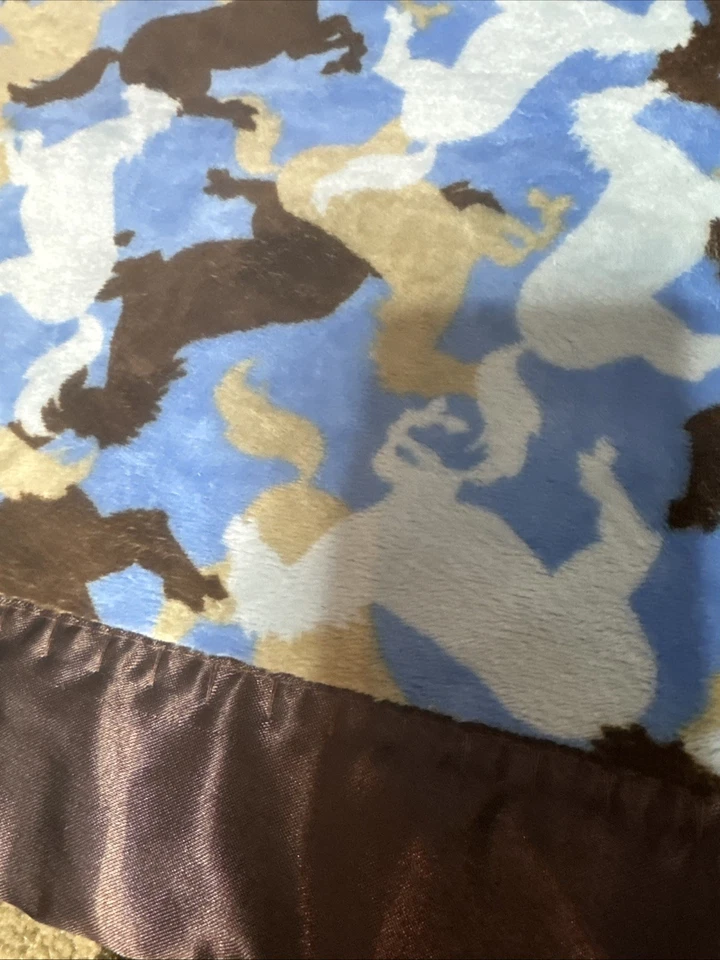 "Manta para recibir bebés caballos vaquero marrón azul satinado terciopelo suave 35x30""" Foto 3 de 4