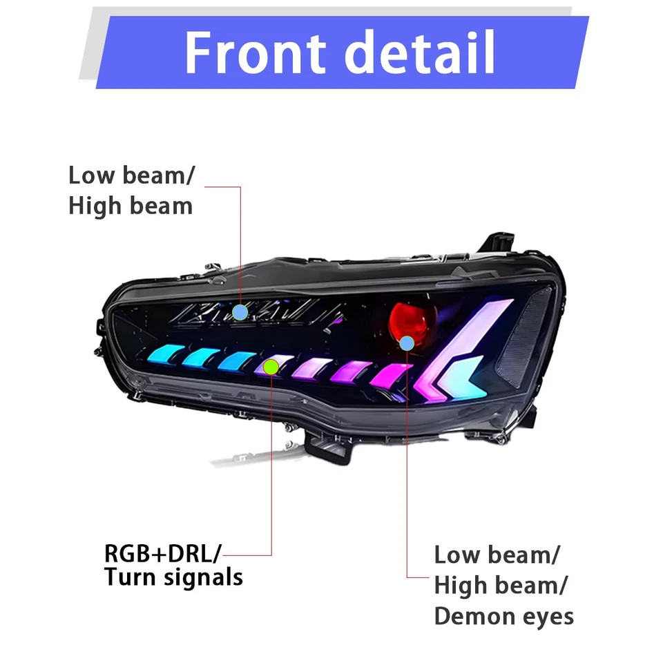 RGB LED Headlight For Mitsubishi Lancer EVO X 2008-2018 Head Front Lamps Pair - Image 2 of 4