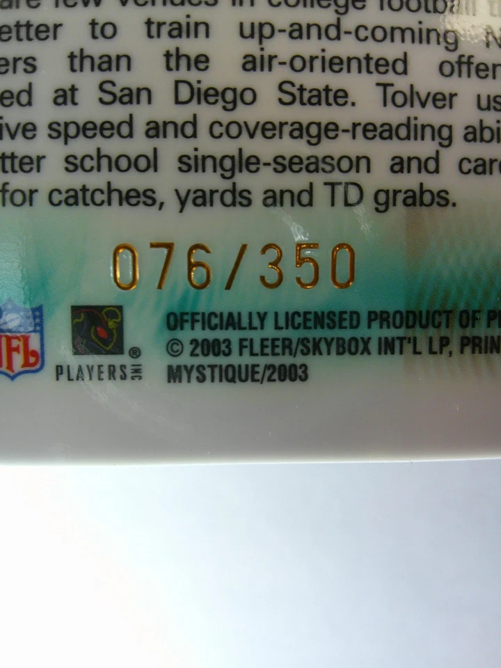 J.R. Tolver 2003 Fleer Mystique #119 Rookie Blue #/350 RC Miami Dolphins - Image 2 of 3