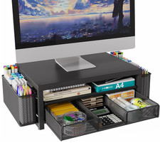 Metal Monitor Stand Riser with Drawer & Pen Holders Desk Organiser Storage Black