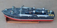 Vintage Wood Battery Operated Toy Boat Ship 28" Wooden Red  Blue Antique