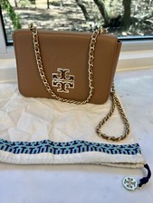 Authentic Tory Burch BRITTEN Brown Crossbody Clutch Pebble Leather Bag Gold Tone
