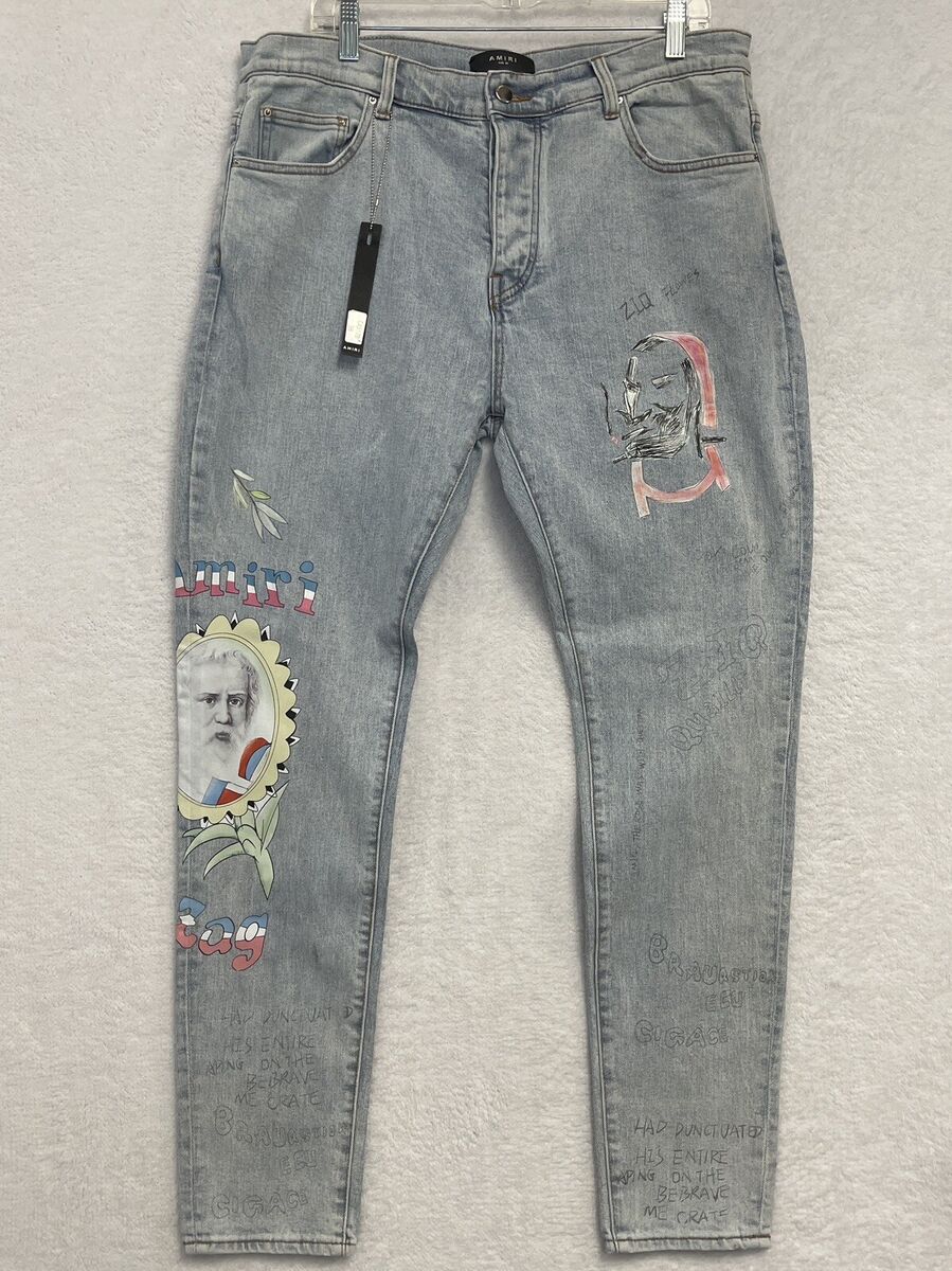Amiri Light Wash Zig Zag Print & Drawing Blue Jeans Size 36 Amiri Light Wash Zig Zag Print & Drawing Blue Jeans Size 36