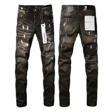 HOT New Purple Brand Men's Ripped Pants Splash-ink Skinny Jeans 2024