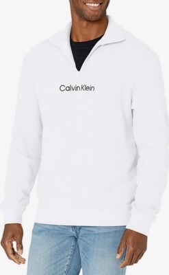 Calvin Klein Men Relaxed Fit French Terry 1/4-Zip Logo Sweatshirt White XL