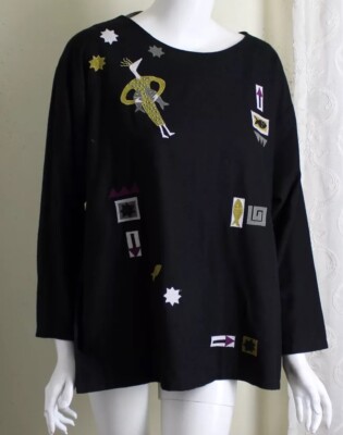 Deborah Murphy S M Black Art-to-Wear Patchwork Fish Primitive Woman Blouse Top