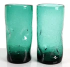 2 Blenko Vintage Teal Blue Green Glasses Crackle Dimple Pinched 5 3/4" Tumbler